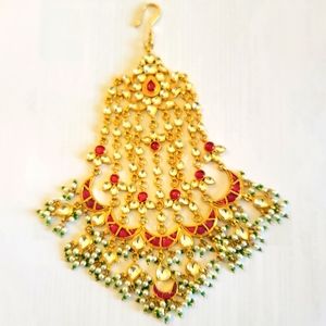 Royal! Gold Plated Garnet Pearl Kundan Tikka Pendant Head Hair Jewelry